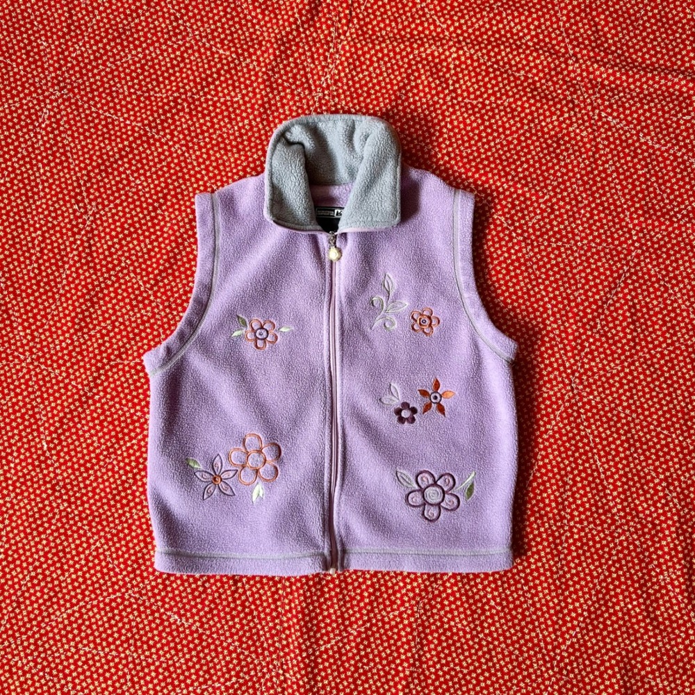 Vintage 2000s REI Small Purple Fleece Vest Floral Embroidered Full Zip